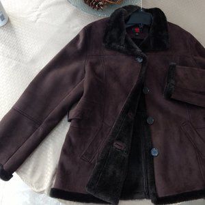 Gallery Faux Fur Lined Suede Coat Brown NEW